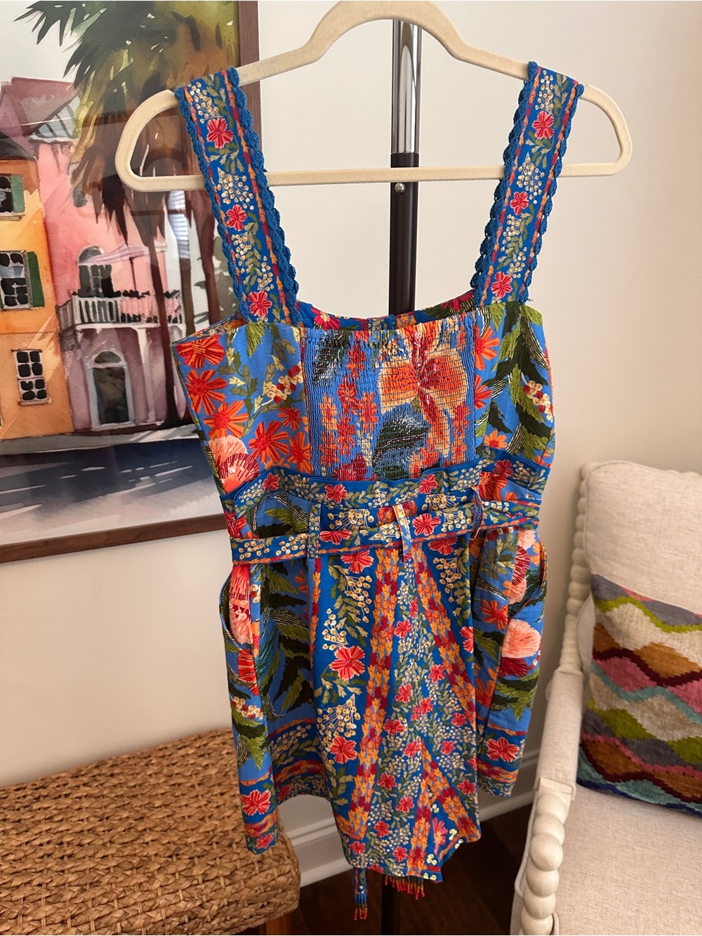 FARM Rio Blue Floral Embroidered Romper with Orange & Pink Accents - Picture 4 of 6